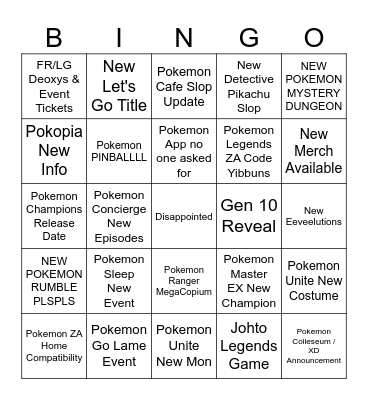 Pokemon Gay 2026 Bingo Card