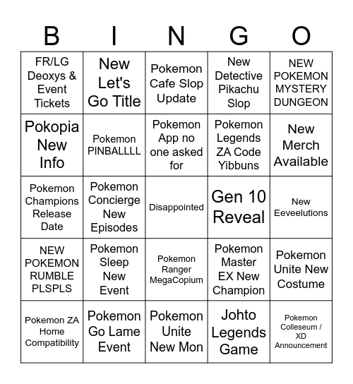 Pokemon Gay 2026 Bingo Card