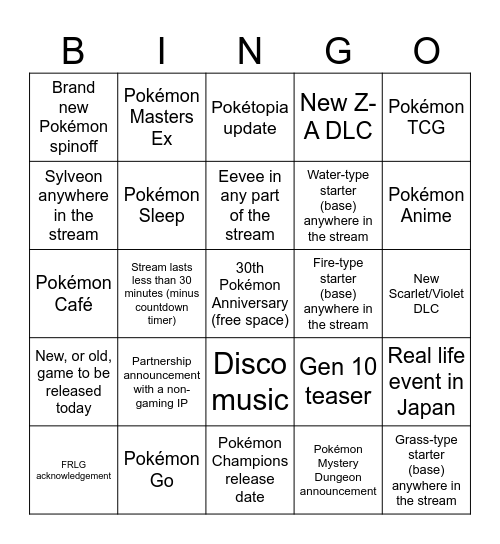 Pokémon Presents 27/02 Bingo Card