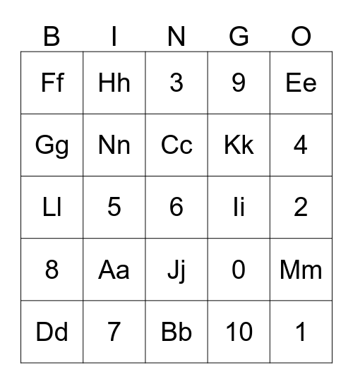1-10 & A-N BINGO! Bingo Card