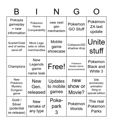 Pokemon Day Direct Predictions Bingo Card