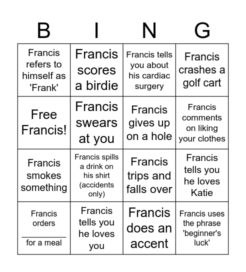 Francis' Bucks Extravaganza! Bingo Card