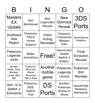 Pokemon Day Bingo Card