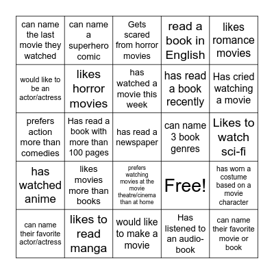 Movies/Films: Find someone who... Bingo Card