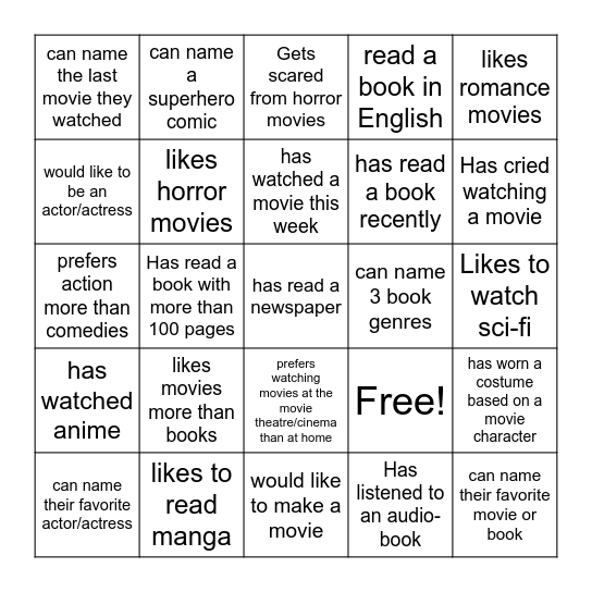 Movies/Films: Find someone who... Bingo Card
