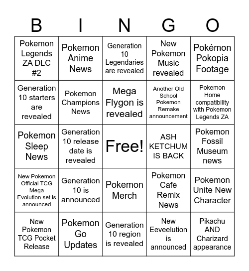 Pokemon Presents Predictions 2026 Bingo Card