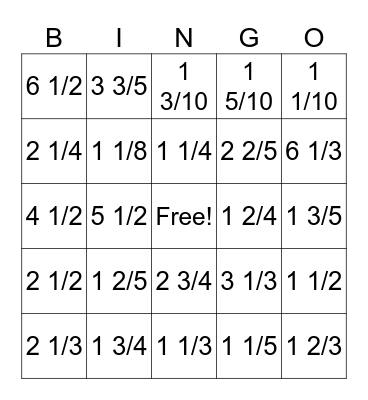 Improper to Mixed Fractions Bingo Card