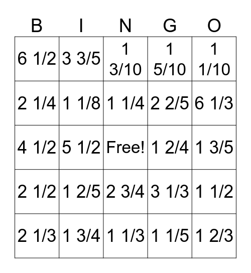 Improper to Mixed Fractions Bingo Card