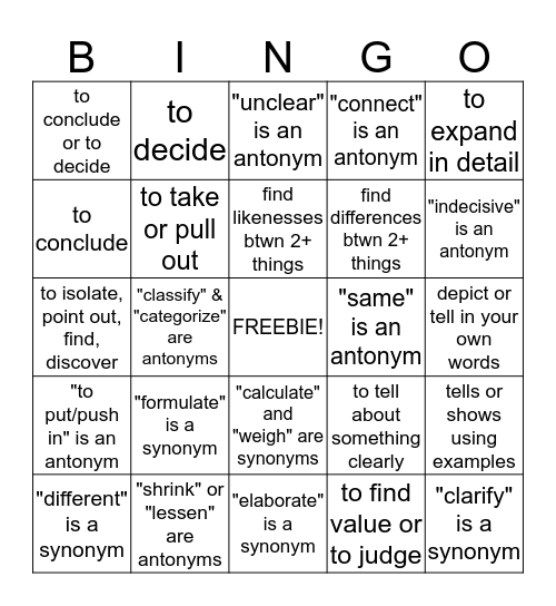 Vocab Review Bingo Card