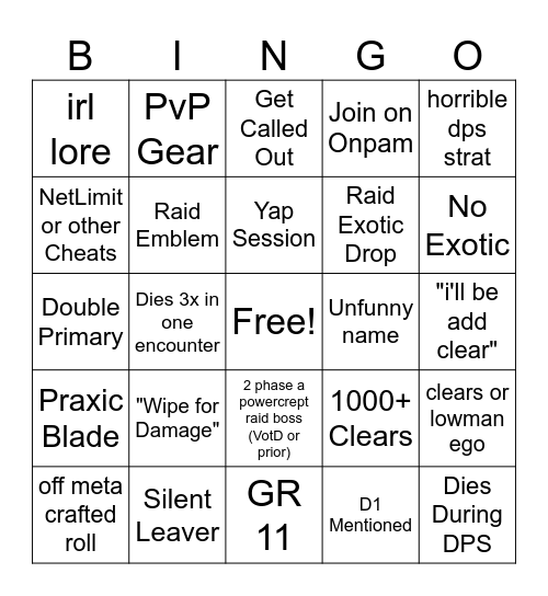 Glimmer's D2 LFG Bingp Bingo Card