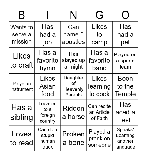 Young Women Retreat Bingo Card