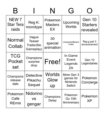 Pokemon Presents Bingo Card
