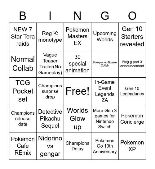 Pokemon Presents Bingo Card
