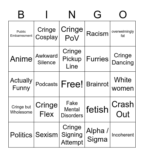 Cringe Comp Bingo Card