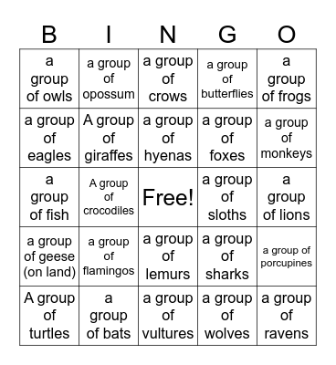 Animal Group Names Bingo Card