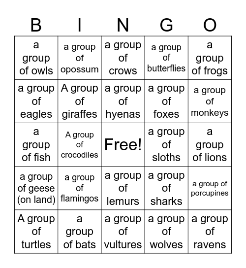 Animal Group Names Bingo Card