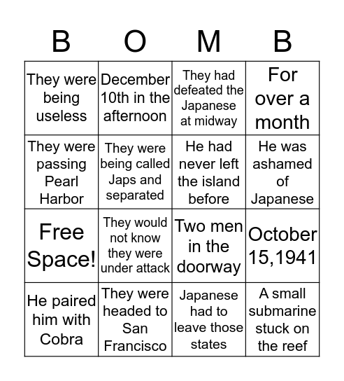 BOMB Bingo Card