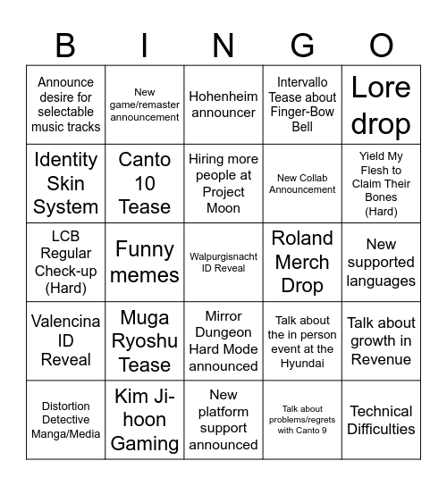 Livestream Bingo Card