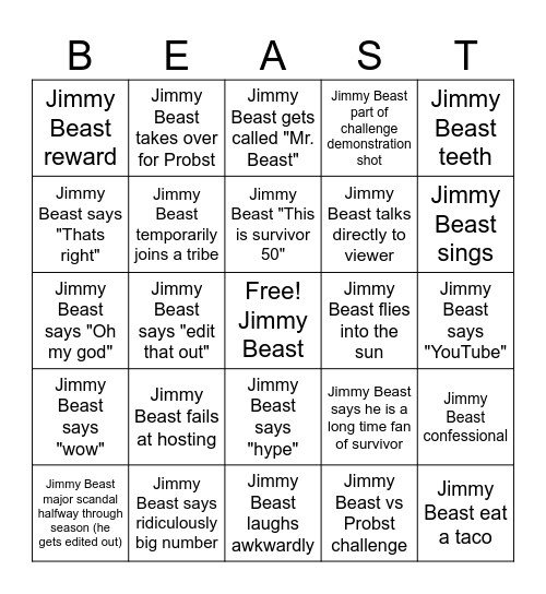 Survivor 50 Beast Game Bingo Card