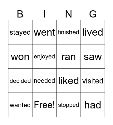 Past Simple Verbs Bingo Card