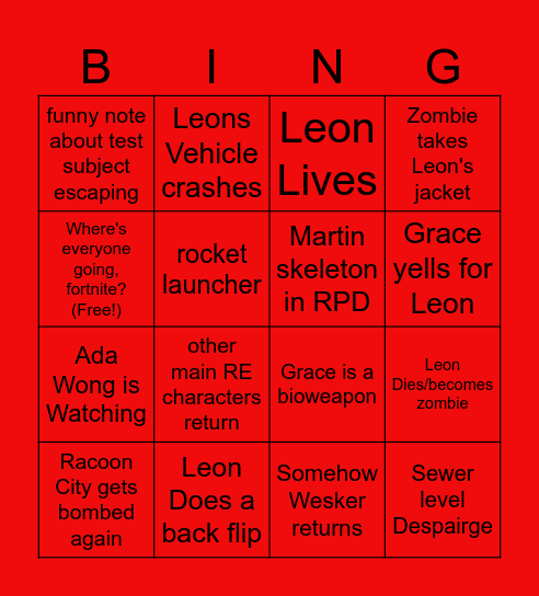Resident Evil Bin9o Bingo Card