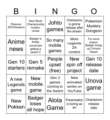 Pokemon Presents 2026 Bingo Card