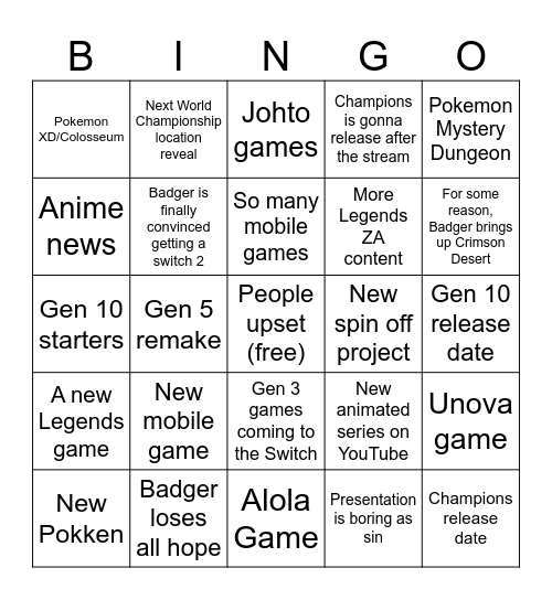 Pokemon Presents 2026 Bingo Card