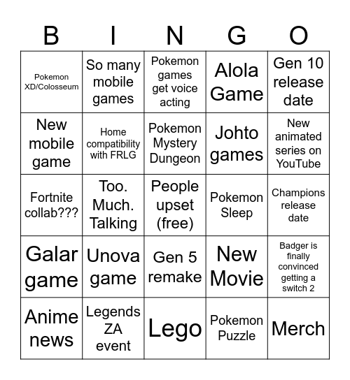 Pokemon Presents 2026 Bingo Card