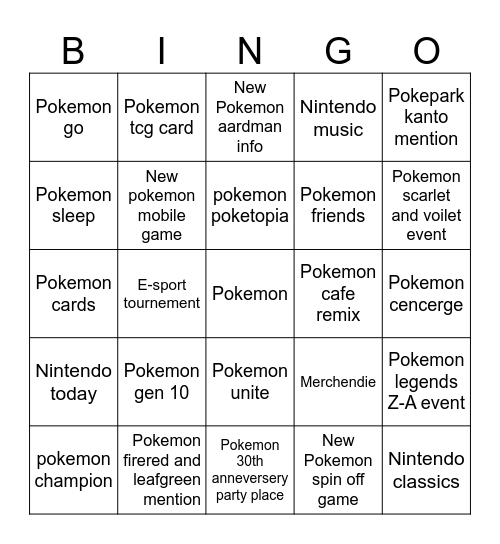 Pokemon presents Bingo Card