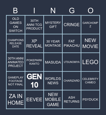 Pokemon Presents 30 Bingo Card