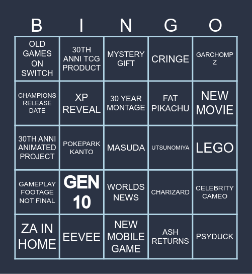 Pokemon Presents 30 Bingo Card