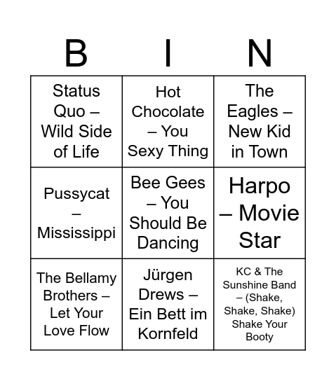Studio 76 Musik Bingo Card
