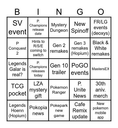 Pokemon Presents 2026 Bingo Card