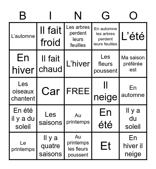 Les saisons Bingo Card