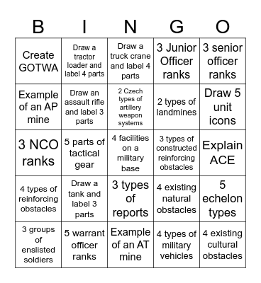 Military English Bingo Card