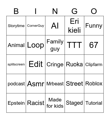 Youtube Shorts Bingo Card