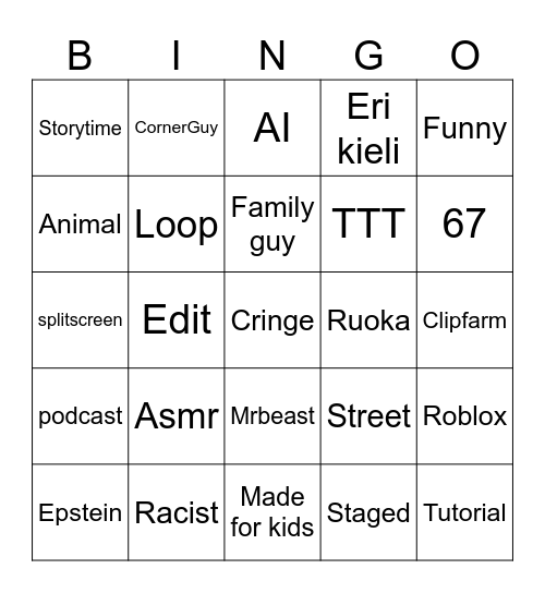 Youtube Shorts Bingo Card