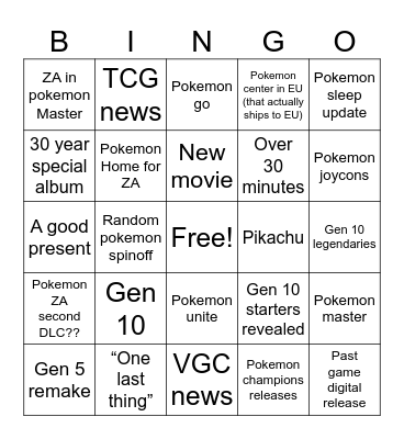 Pokemon present 2026 Bingo Card