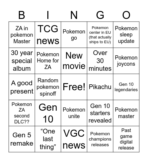 Pokemon present 2026 Bingo Card