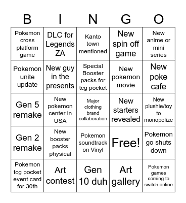 Pokemon Presents Bingo Card