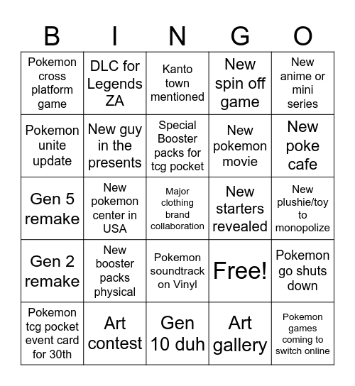 Pokemon Presents Bingo Card