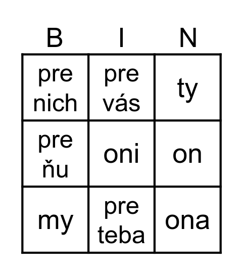 Zámenáv akuzatíve Bingo Card