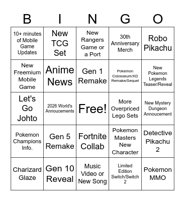 Pokemon Presents 2026 Bingo Card
