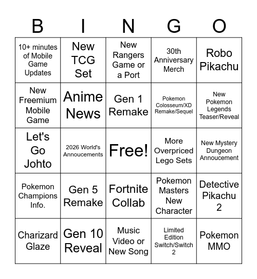 Pokemon Presents 2026 Bingo Card