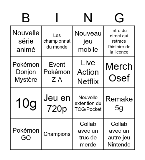 Pokémon Direct Bingo Card