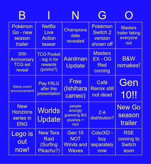 Pokémon Presents 2026 Bingo Card