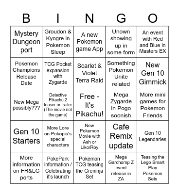 Pokemon Presents Bingo Card