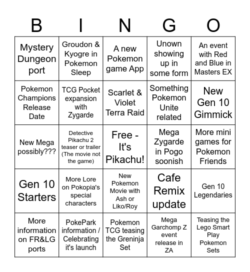 Pokemon Presents Bingo Card