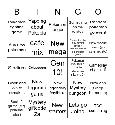 Pokemon Direct Bingo Card