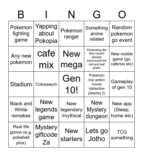 Pokemon Direct Bingo Card